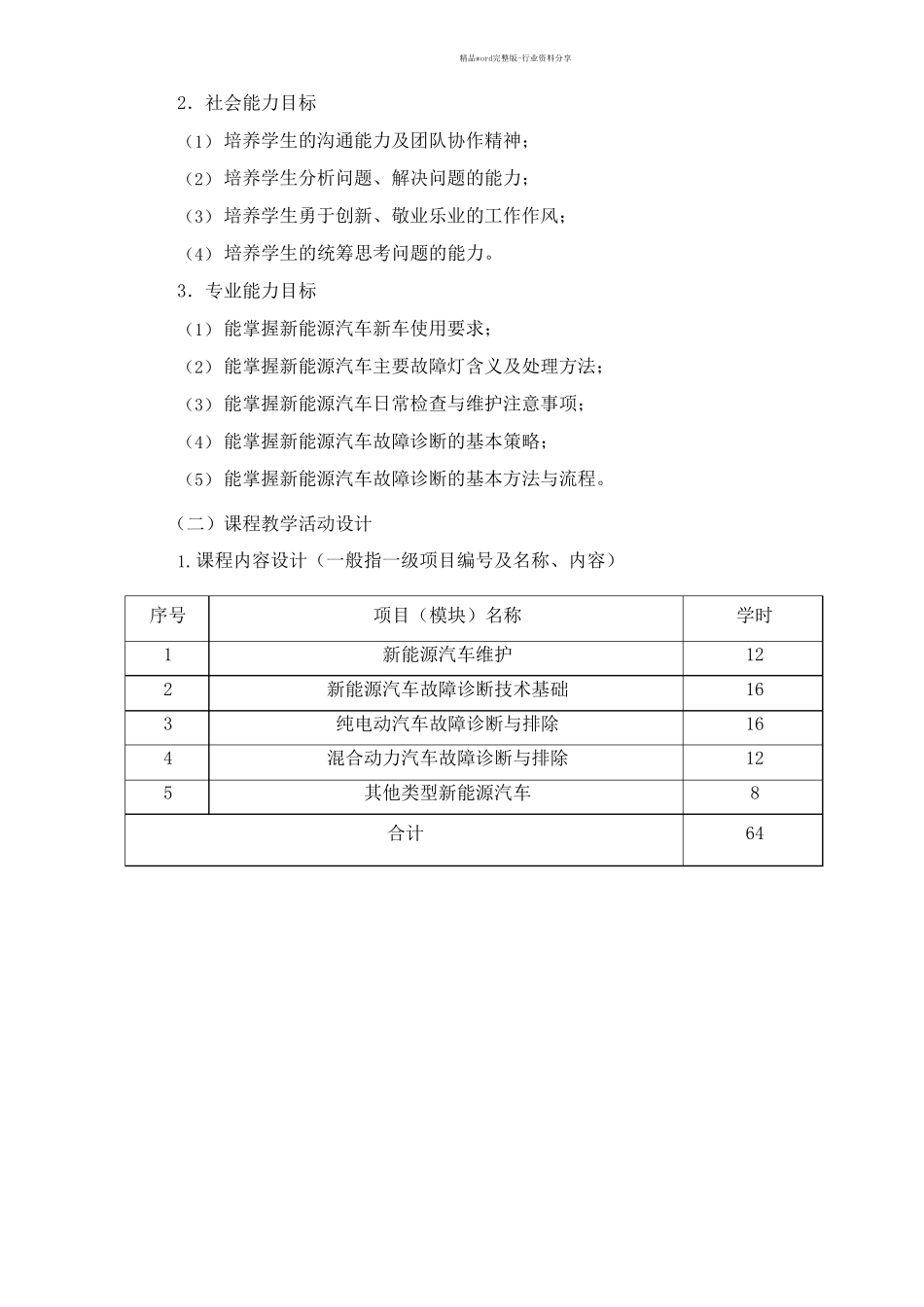 课程标准-新能源汽车维护与故障诊断_第2页