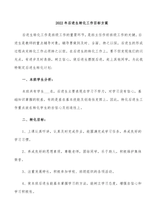2022年后进生转化工作目标方案