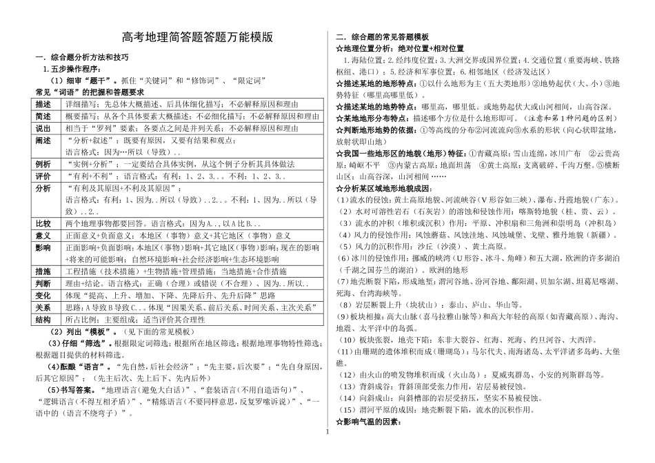 高考地理答题万能模版_第1页