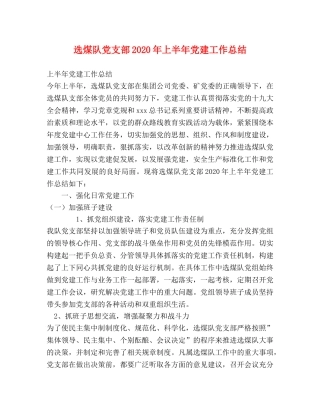 选煤队党支部2020年上半年党建工作总结 