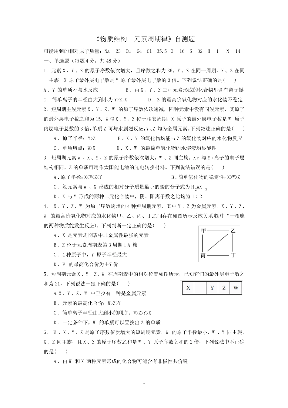 (完整版)元素周期律测试题_第1页