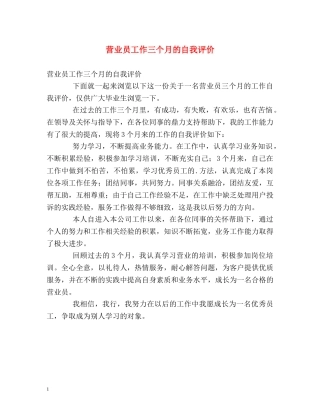 营业员工作三个月的自我评价 