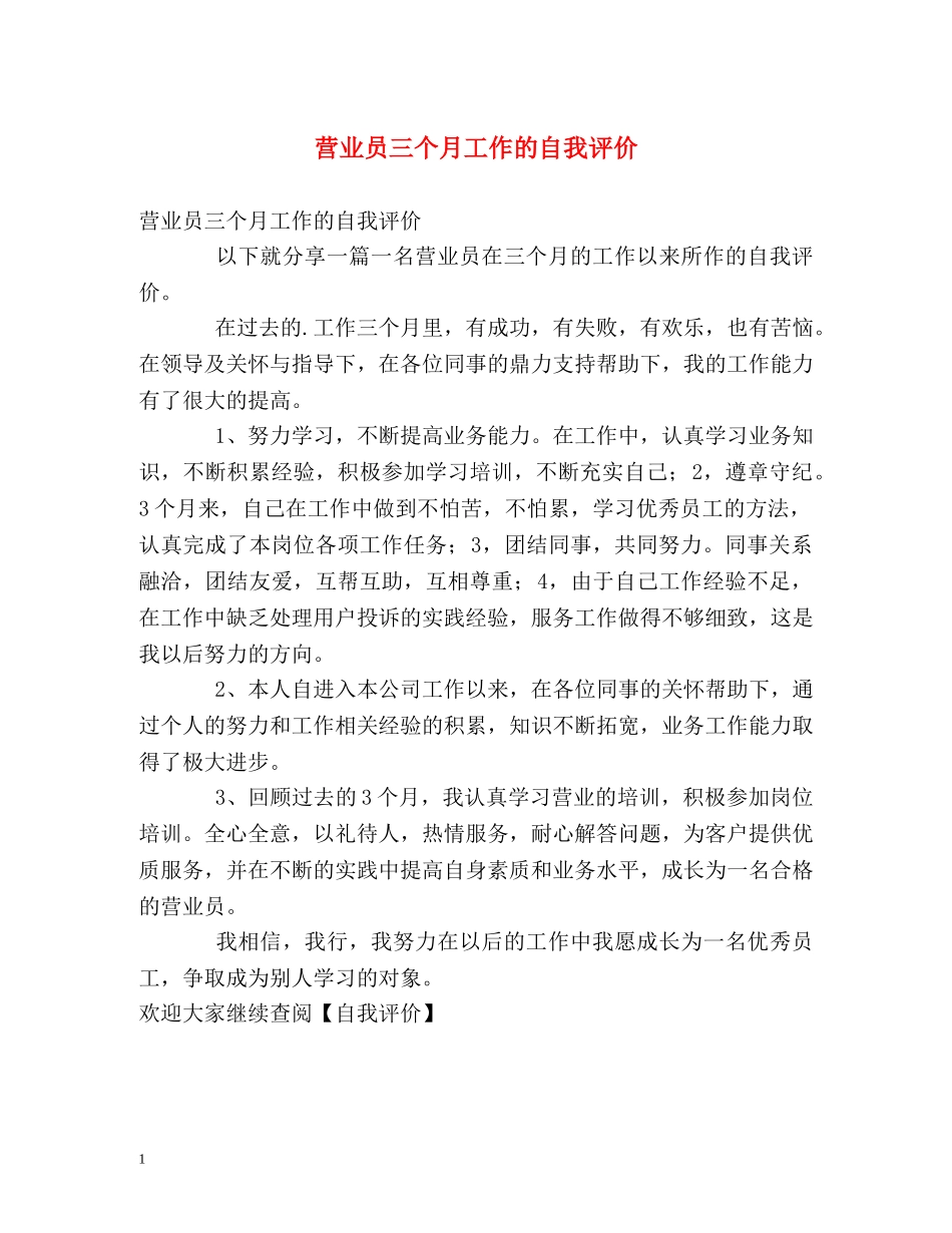 营业员三个月工作的自我评价 _第1页