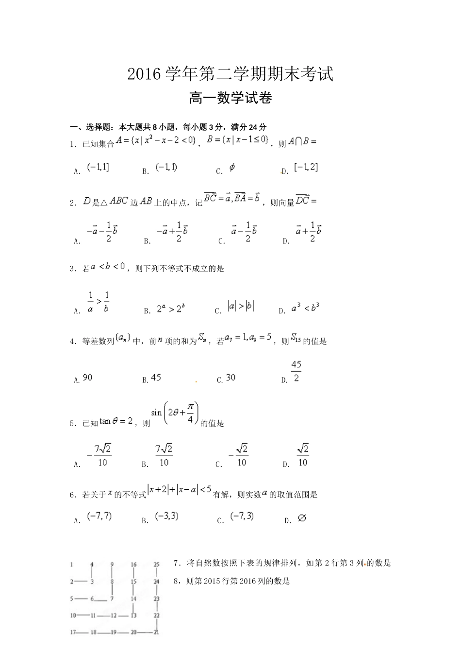 2016学年第二学期期末考试试卷_第1页