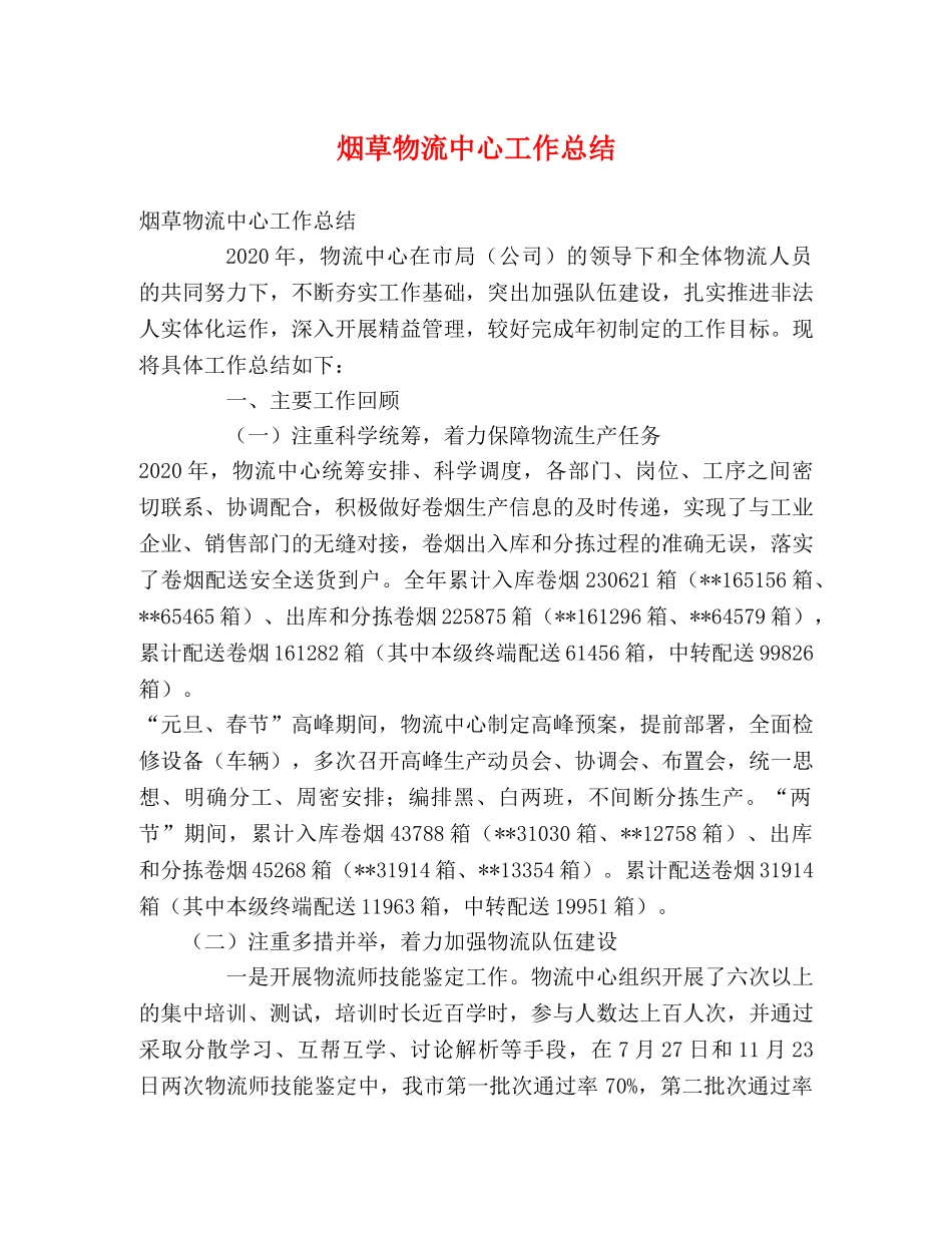 烟草物流中心工作总结 _第1页
