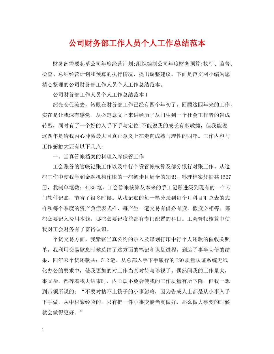 公司财务部工作人员个人工作总结范本_第1页