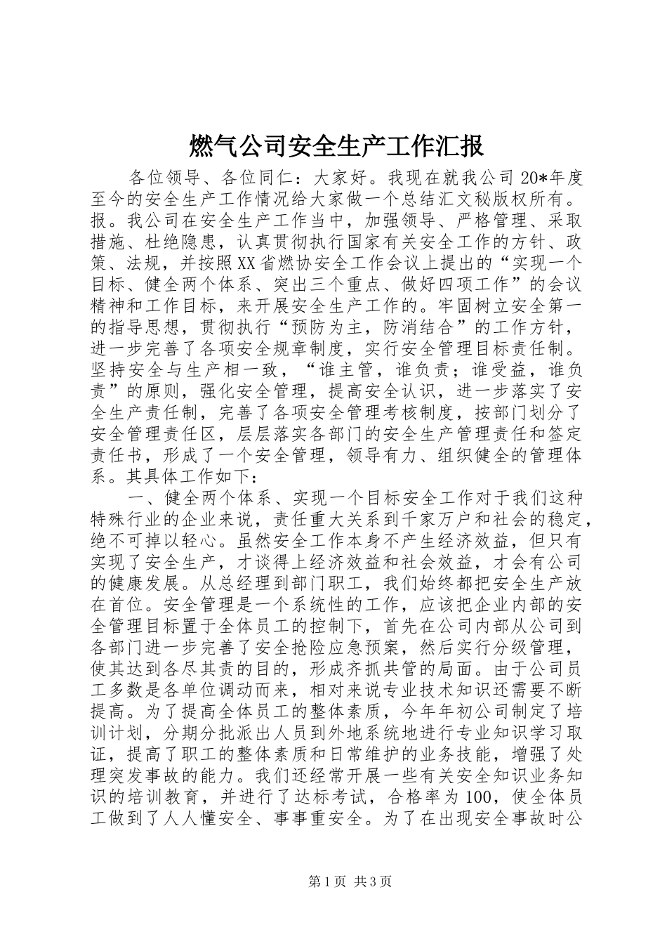 燃气公司安全生产工作汇报_第1页