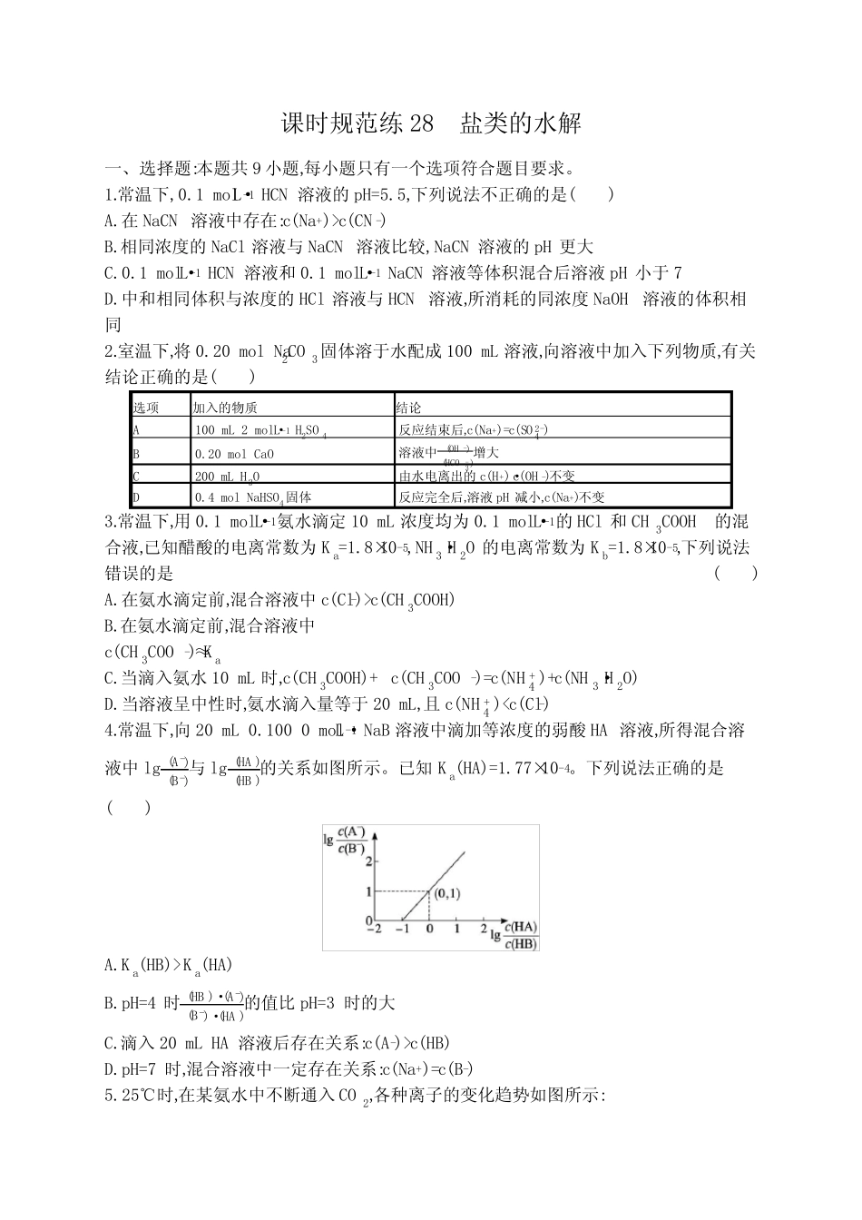 新教材(广西专版)高考化学一轮复习课时规范练28盐类的水解含答案_第1页