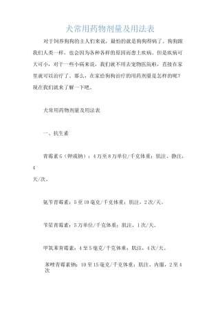 犬常用药物剂量及用法表