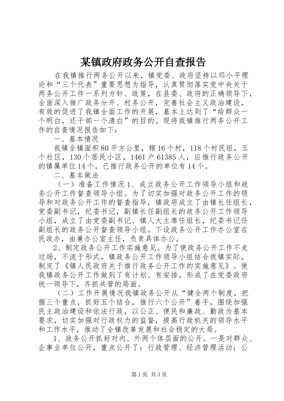 某镇政府政务公开自查报告_第1页