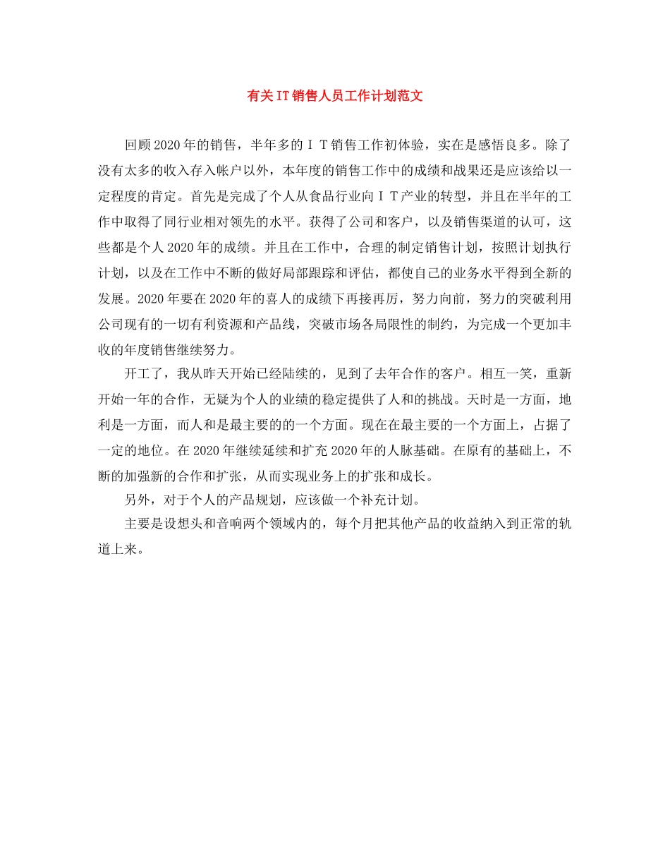 有关IT销售人员工作计划范文 _第1页