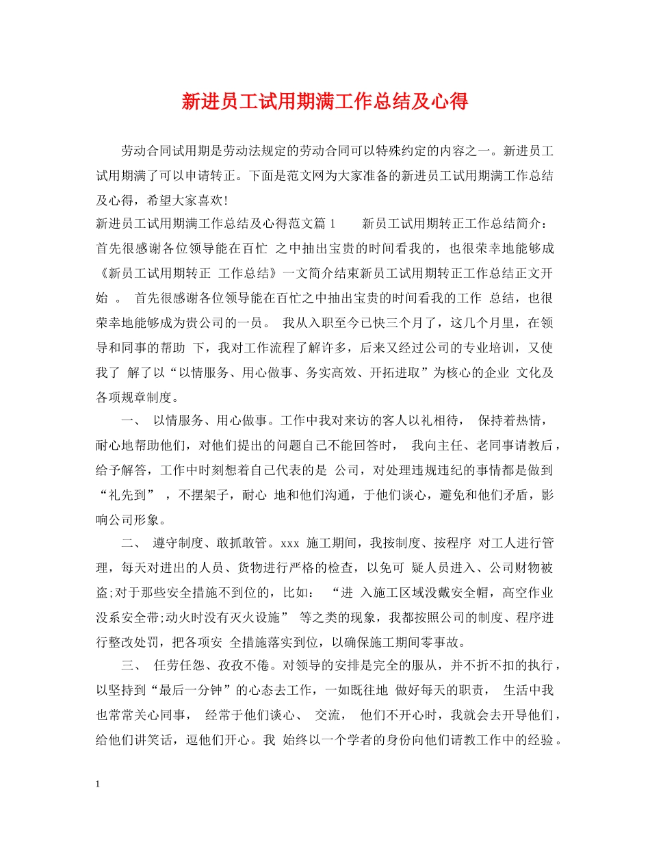 新进员工试用期满工作总结及心得 _第1页
