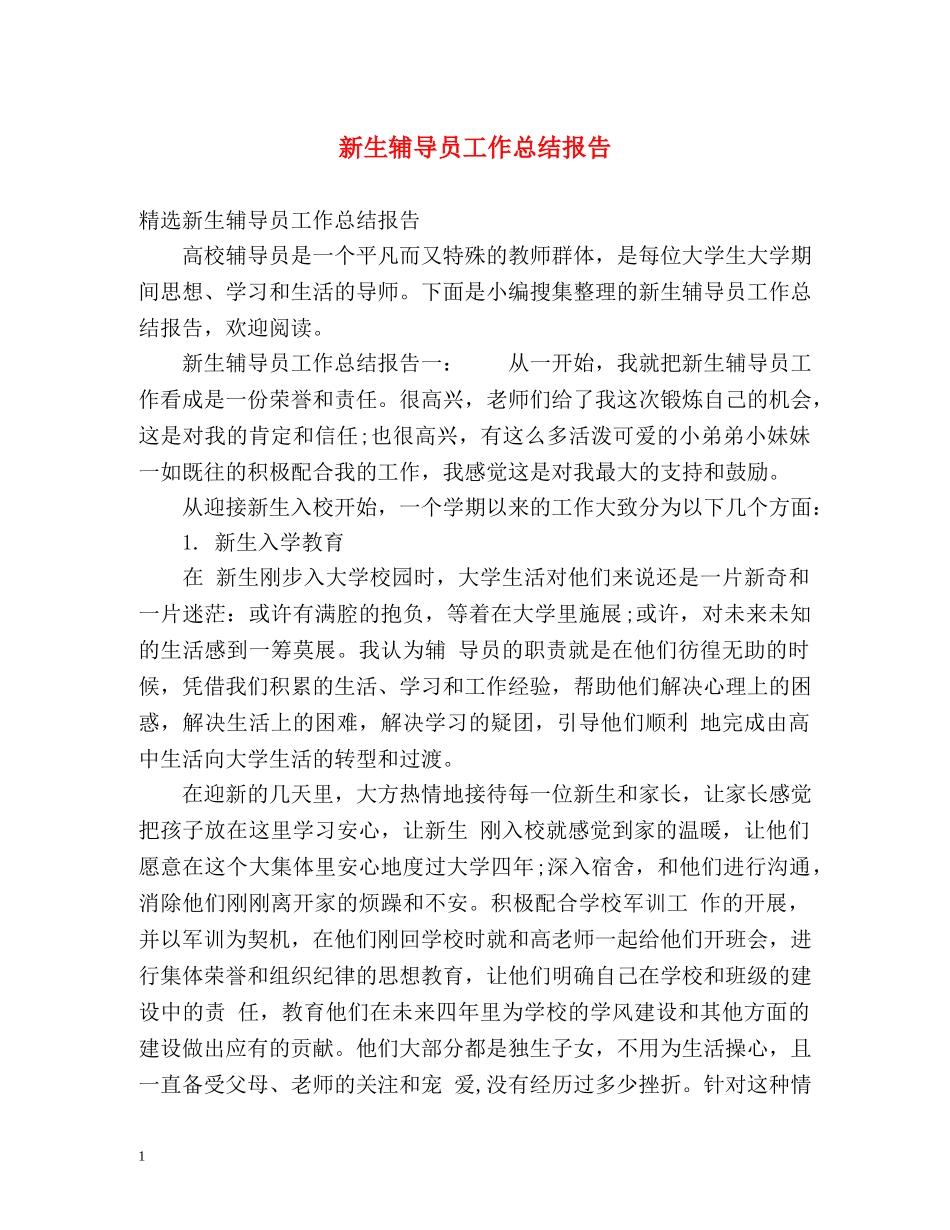 新生辅导员工作总结报告2 _第1页