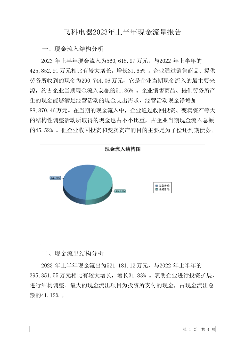 603868飞科电器2023年上半年现金流量报告_第1页