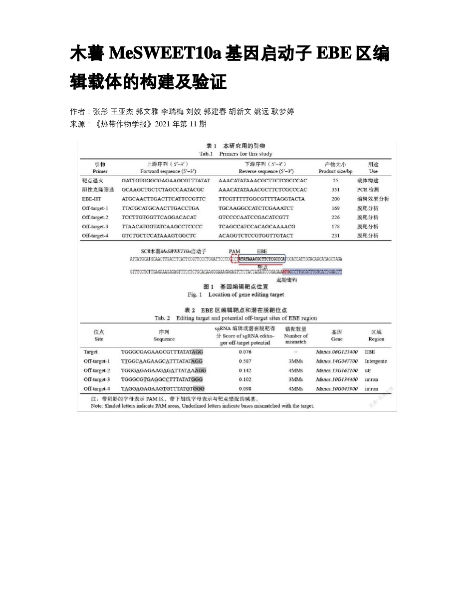 木薯MeSWEET10a基因启动子EBE区编辑载体的构建及验证_第1页