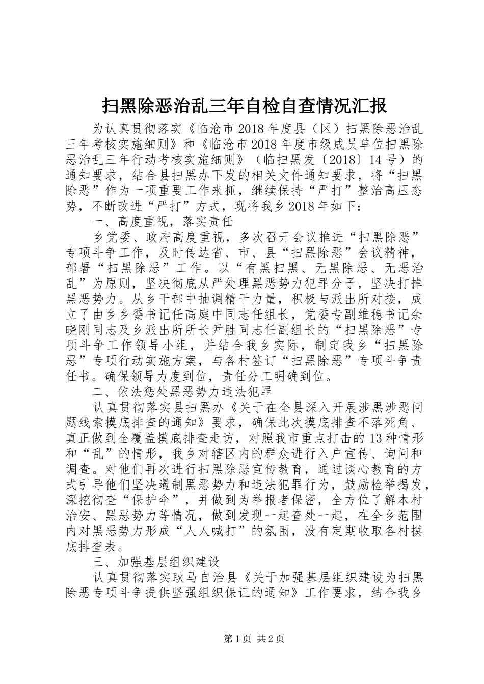扫黑除恶治乱三年自检自查情况汇报_第1页