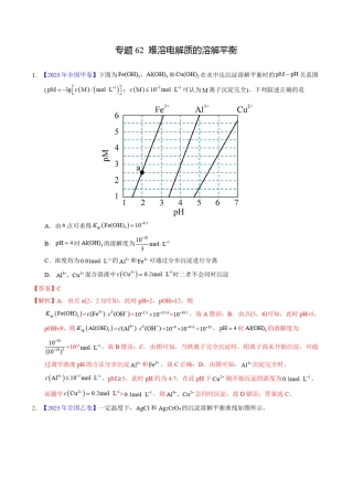 十年(2014-2023)高考化学真题分项汇编(全国)专题62 难溶电解质的溶解平...