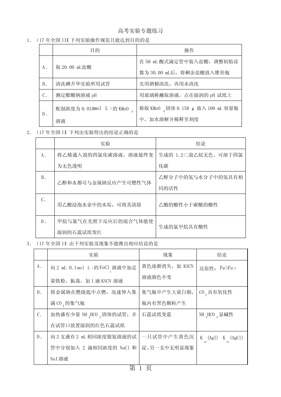 2019年高三化学总复习化学实验专题练习(含答案)-文档资料_第1页