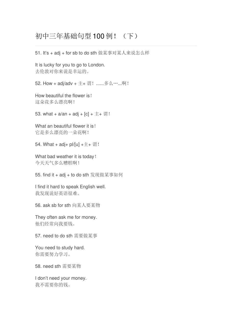 初中三年基础句型100例下_第1页