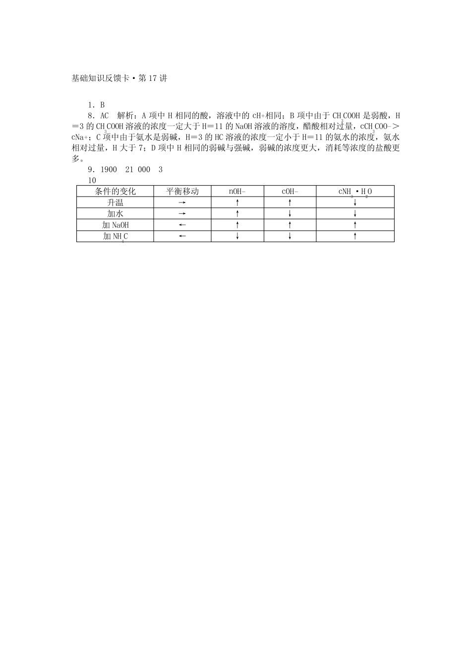2022高考化学一轮基础知识反馈卡 第17讲 弱电解质的电离平衡 新..._第2页