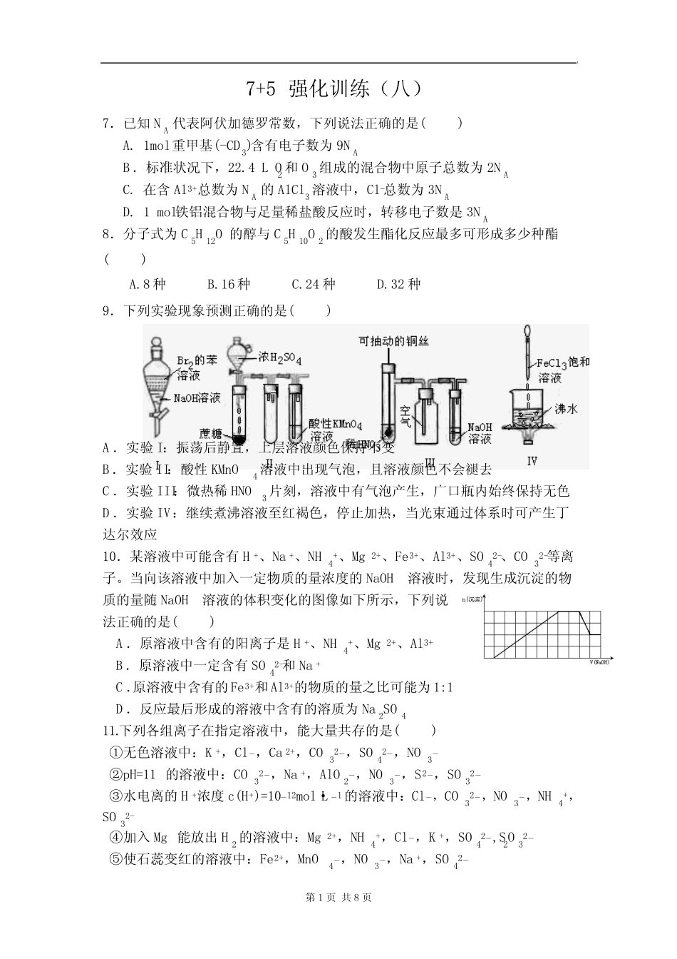 2014届高三理综化学“7 5”专题强化训练(8)_第1页