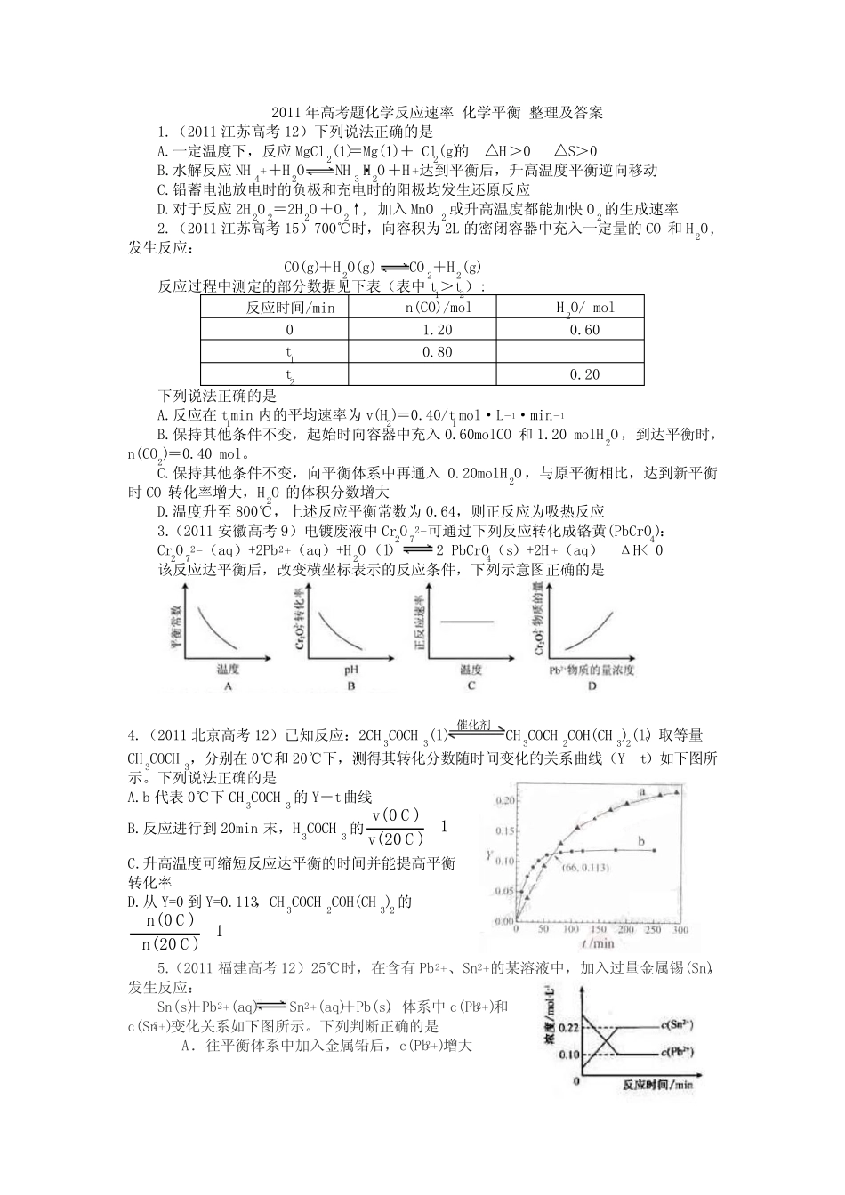2011年高考题化学反应速率 化学平衡 整理及答案_第1页
