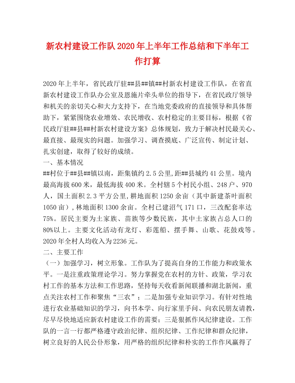 新农村建设工作队2020年上半年工作总结和下半年工作打算 _第1页