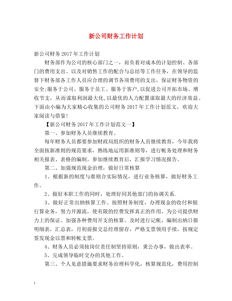 新公司财务工作计划 _第1页
