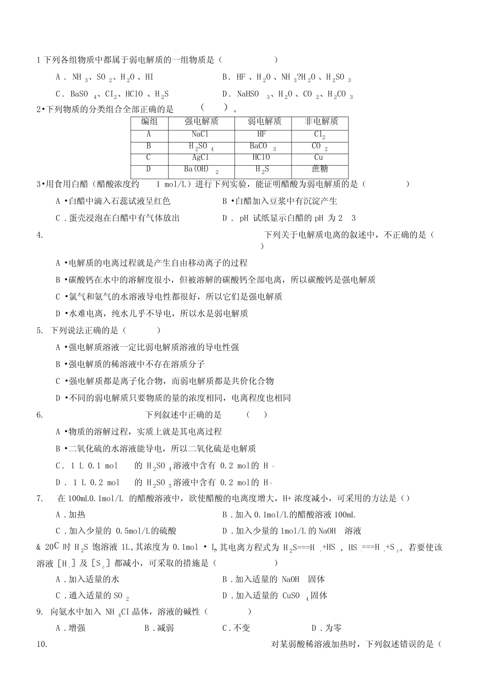(完整)弱电解质的电离平衡习题含答案,推荐文档_第1页