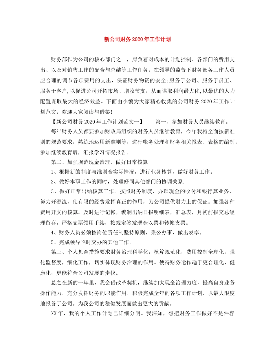 新公司财务2020年工作计划 _第1页