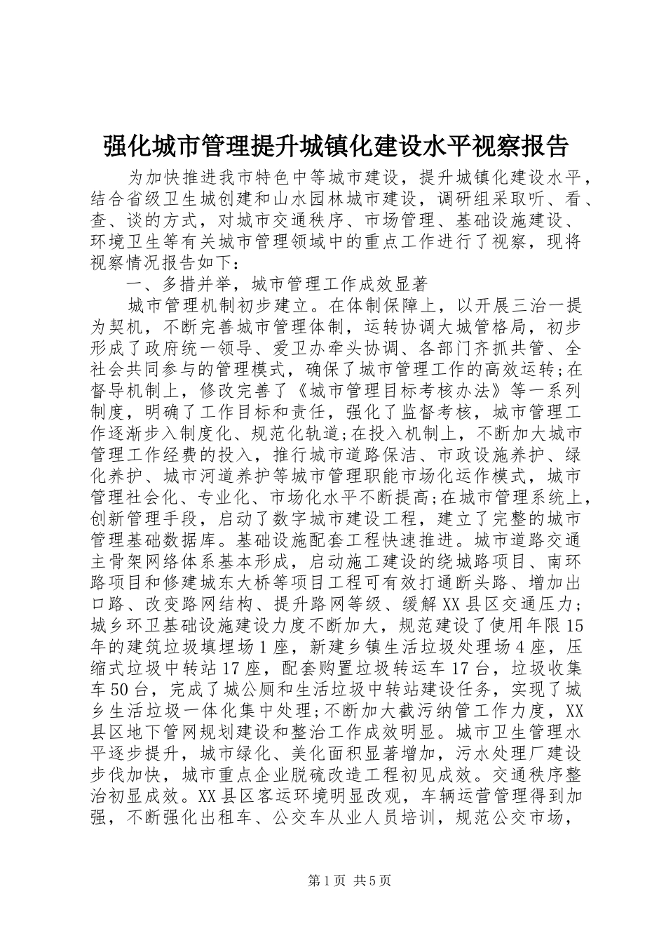 强化城市管理提升城镇化建设水平视察报告_第1页