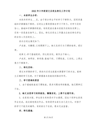 2022年六年级语文后进生转化工作计划