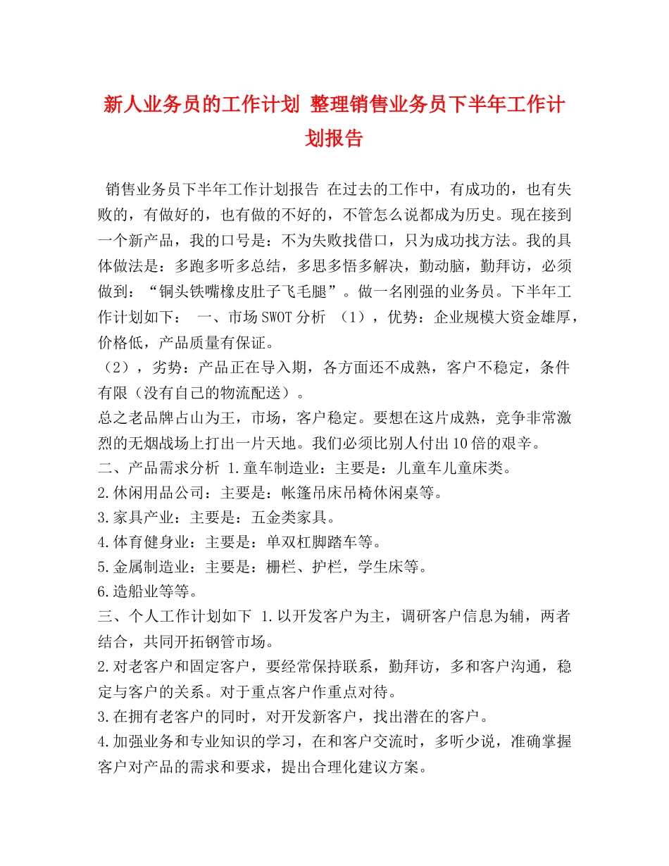 新人业务员的工作计划 整理销售业务员下半年工作计划报告 _第1页