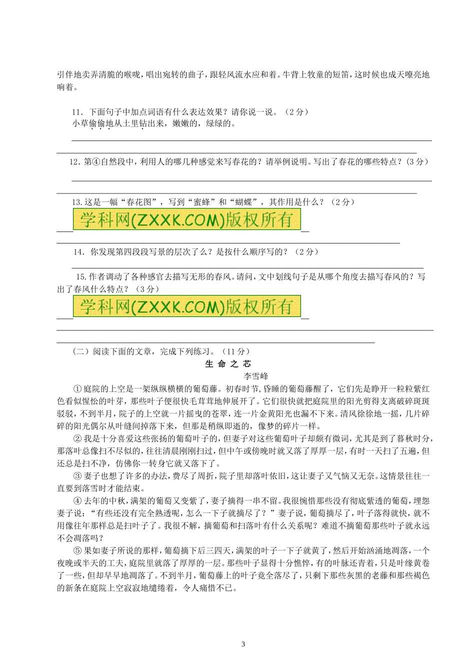 2014年秋期七年级语文上半期试卷_第3页