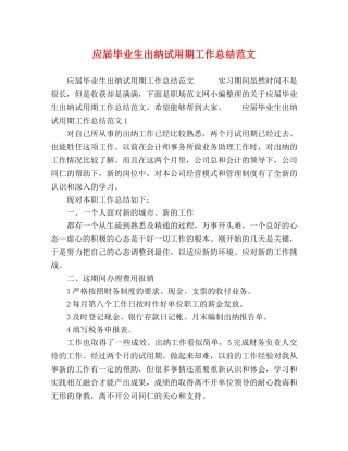 应届毕业生出纳试用期工作总结范文 