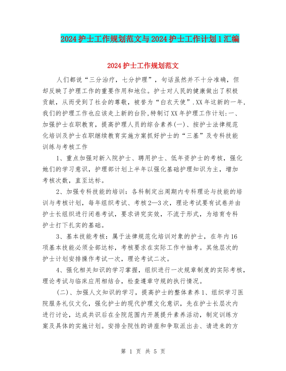 2024护士工作规划范文与2024护士工作计划1汇编_第1页