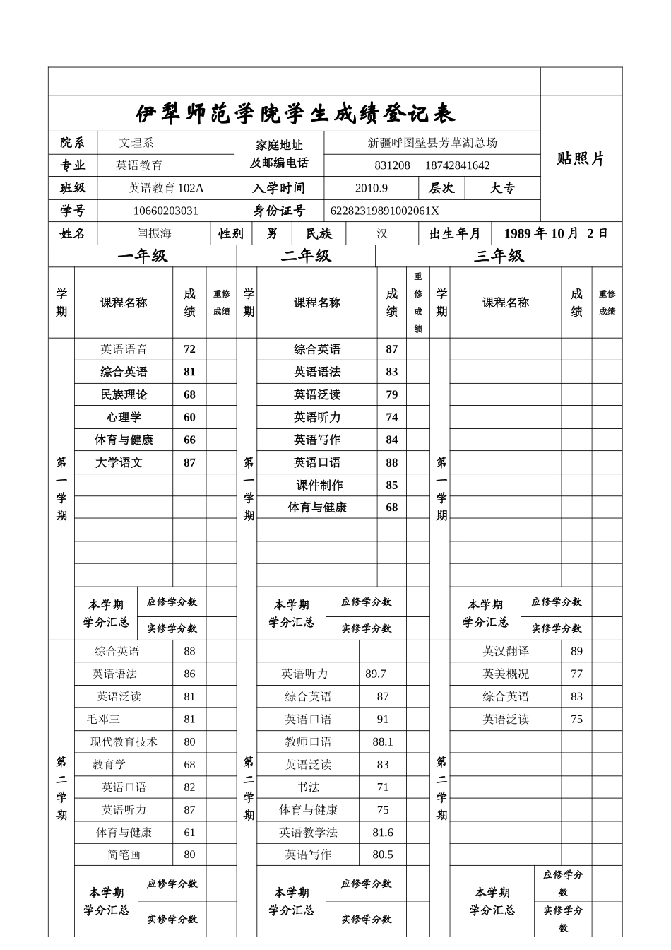伊犁师范学院学生成绩登记表2_第1页