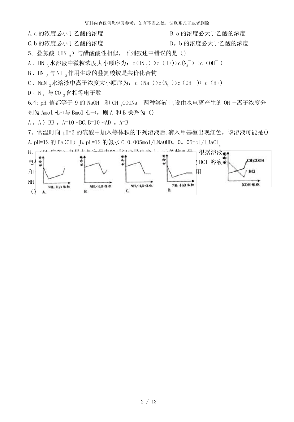 【精品】高中化学选修四《弱电解质与水的电离》试题一附答案_图文_百 ..._第2页