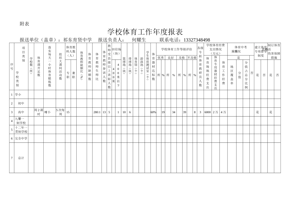 祁东县育贤中学体育工作年度报表_第1页