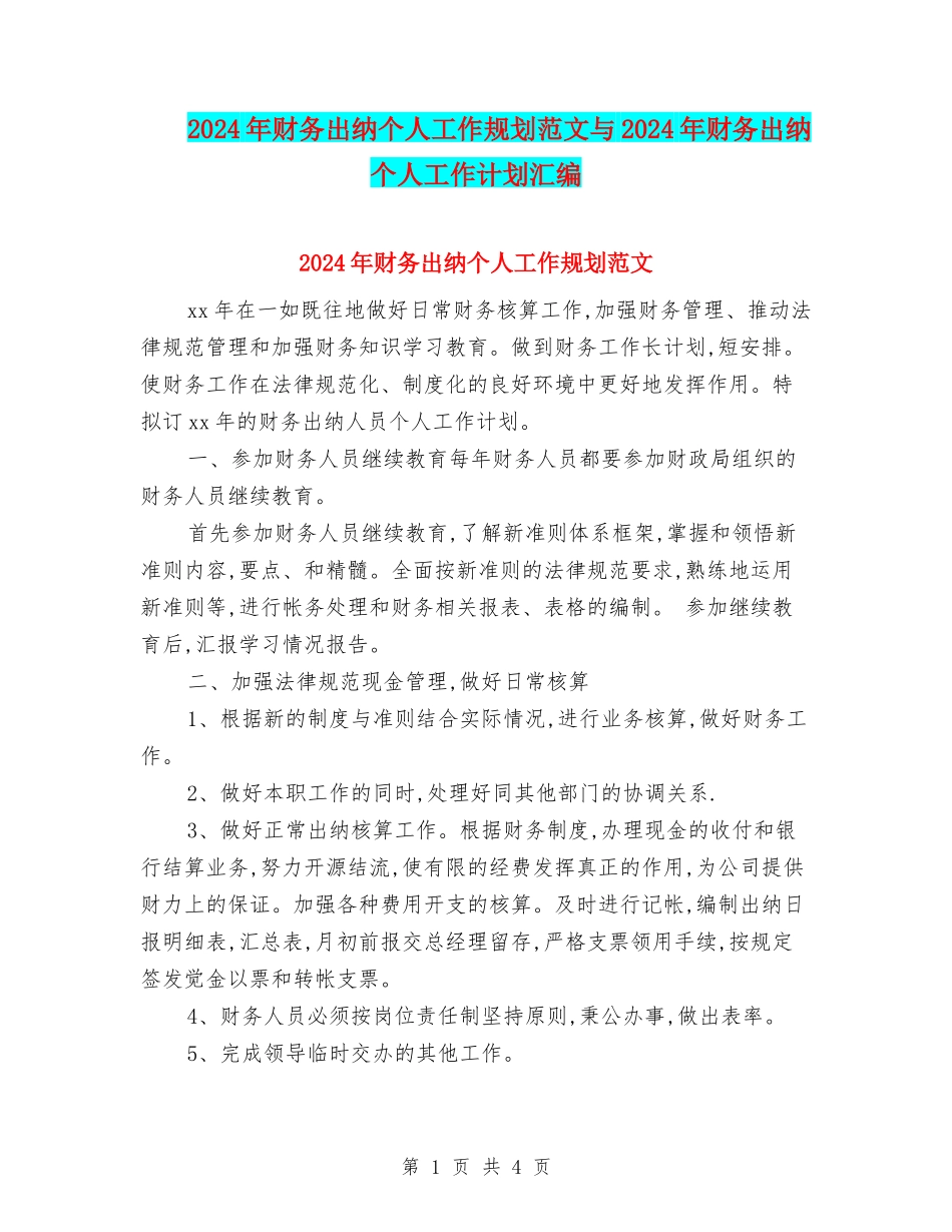 2024年财务出纳个人工作规划范文与2024年财务出纳个人工作计划汇编_第1页