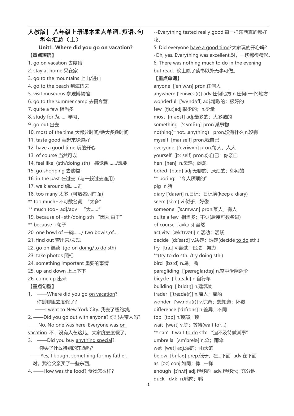 人教版8上Unit1-5课文重点_第1页