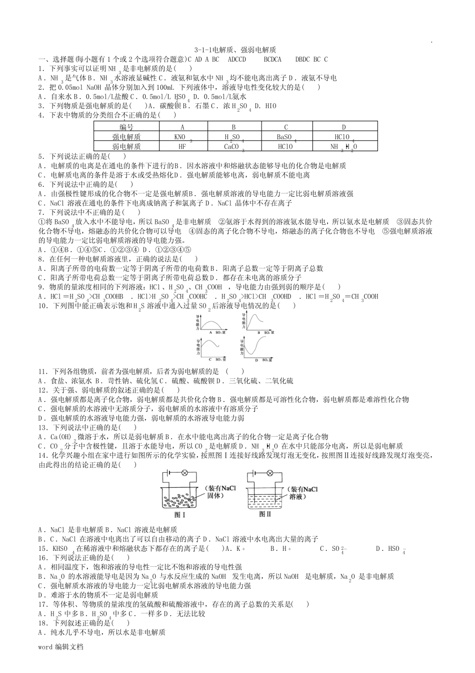 电解质、强弱电解质练习_第1页