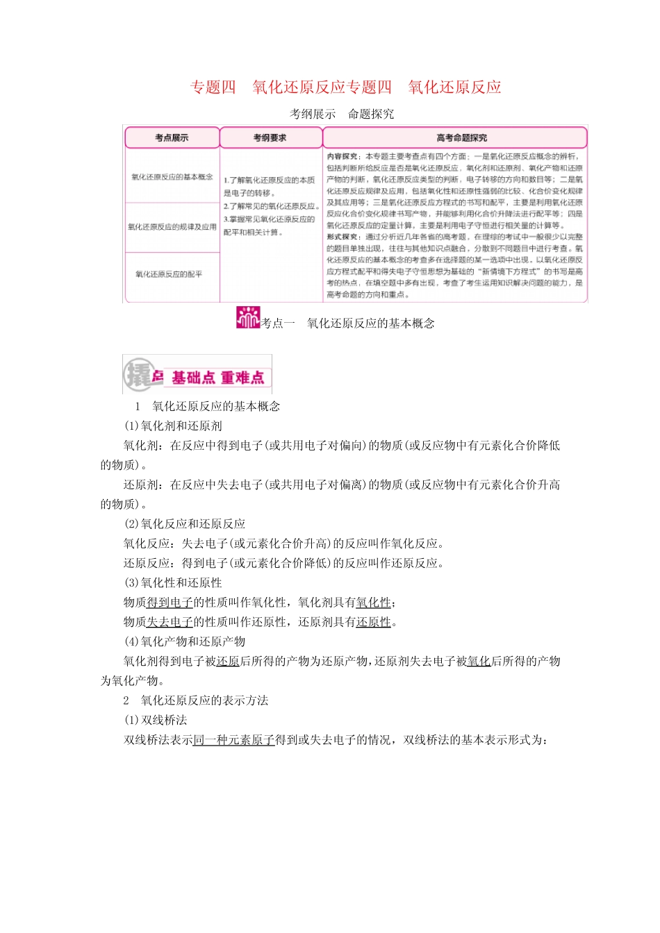 2017高考化学一轮复习专题四氧化还原反应考点一氧化还原反应的基本概念..._第1页
