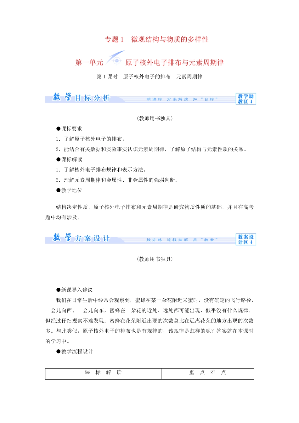...专题一 第一单元 原子核外电子排布与元素周期律教学设计 苏教版必..._第1页