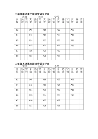 三年级英语课文朗读背诵互评表