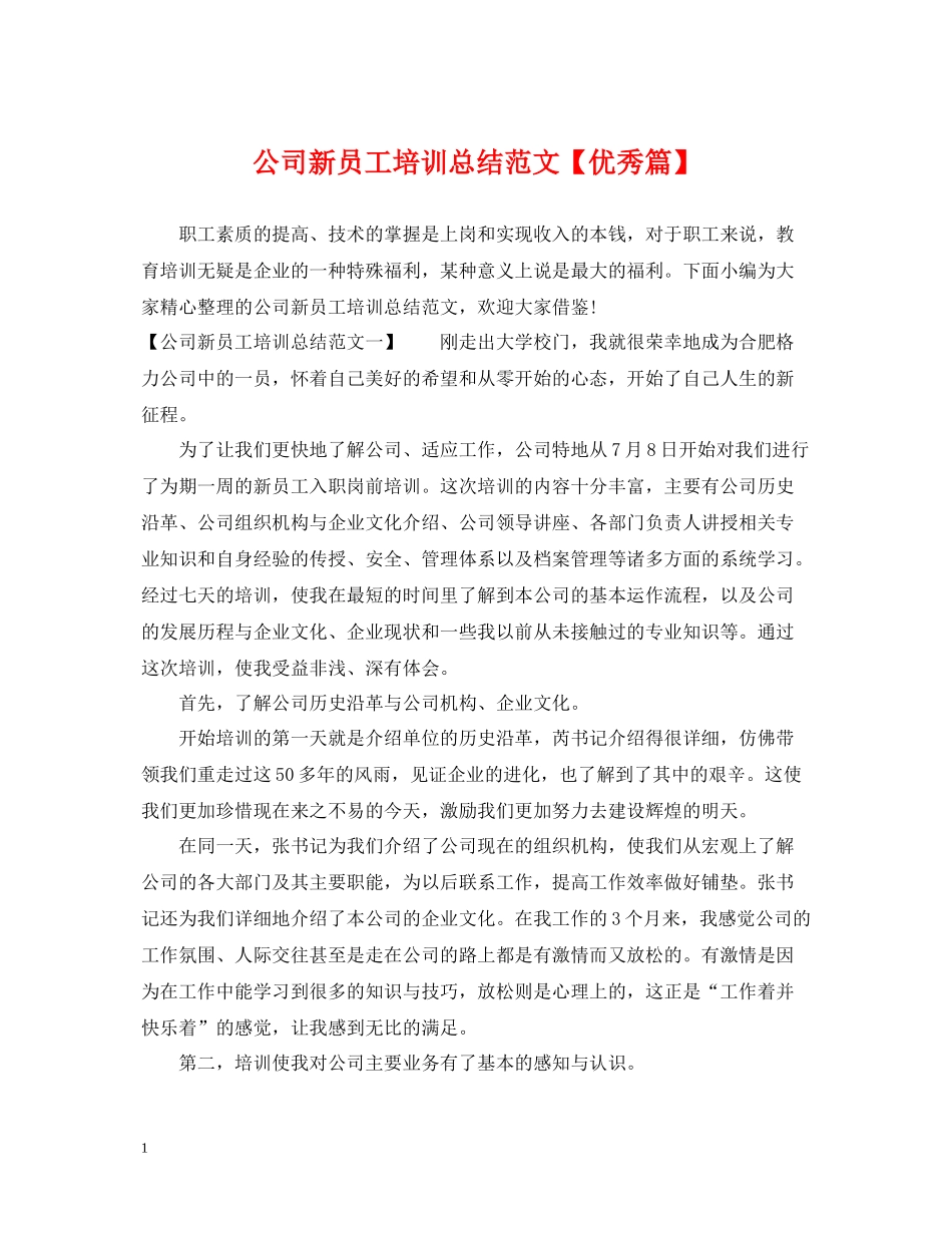 公司新员工培训总结范文【优秀篇】_第1页