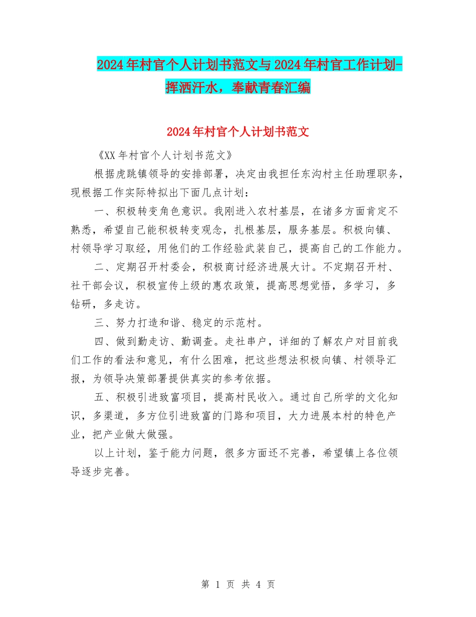 2024年村官个人计划书范文与2024年村官工作计划-挥洒汗水-奉献青春汇编_第1页