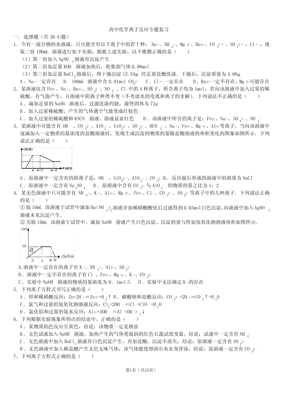 高中化学离子反应典型题集锦带答案_第1页