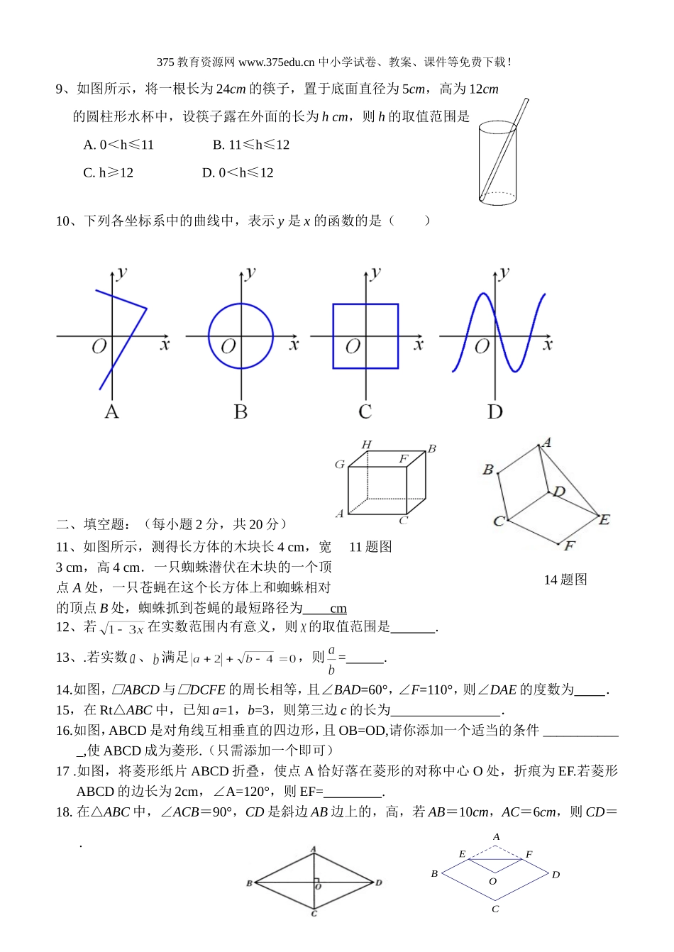 2016年春新人教版八年级下册数学期中试卷及答案_第2页