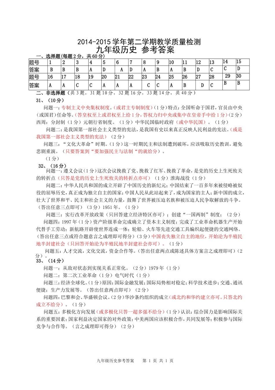 九年级历史参考答案（定稿福田区模拟考试2015430））_第1页